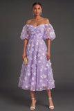 Lilac Floral Appliqued Off the Shoulder Midi Beach Wedding Guest Dress