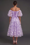 Lilac Floral Appliqued Off the Shoulder Midi Beach Wedding Guest Dress