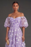 Lilac Floral Appliqued Off the Shoulder Midi Beach Wedding Guest Dress