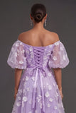 Lilac Floral Appliqued Off the Shoulder Midi Beach Wedding Guest Dress