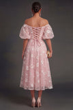 Lilac Floral Appliqued Off the Shoulder Midi Beach Wedding Guest Dress