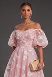 Lilac Floral Appliqued Off the Shoulder Midi Beach Wedding Guest Dress