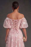 Lilac Floral Appliqued Off the Shoulder Midi Beach Wedding Guest Dress