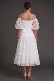 Lilac Floral Appliqued Off the Shoulder Midi Beach Wedding Guest Dress