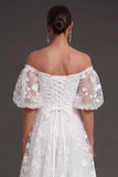 Lilac Floral Appliqued Off the Shoulder Midi Beach Wedding Guest Dress