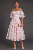Lilac Floral Appliqued Off the Shoulder Midi Beach Wedding Guest Dress