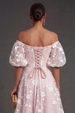 Lilac Floral Appliqued Off the Shoulder Midi Beach Wedding Guest Dress