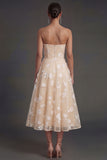 White Floral Appliqued Strapless Midi Beach Engagement Dress