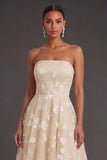 White Floral Appliqued Strapless Midi Beach Engagement Dress