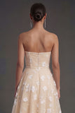 White Floral Appliqued Strapless Midi Beach Engagement Dress