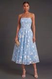 White Floral Appliqued Strapless Midi Beach Engagement Dress