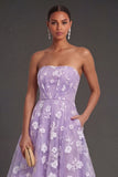 White Floral Appliqued Strapless Midi Beach Engagement Dress