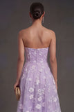 White Floral Appliqued Strapless Midi Beach Engagement Dress