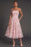 Pink Floral Appliqued Strapless Midi Beach Wedding Guest Dress