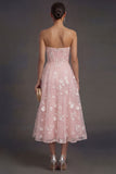 White Floral Appliqued Strapless Midi Beach Engagement Dress