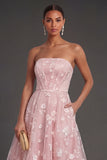 White Floral Appliqued Strapless Midi Beach Engagement Dress
