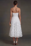 White Floral Appliqued Strapless Midi Beach Engagement Dress