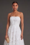 White Floral Appliqued Strapless Midi Beach Engagement Dress