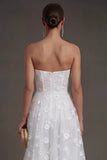 White Floral Appliqued Strapless Midi Beach Engagement Dress