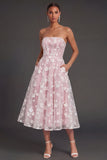 White Floral Appliqued Strapless Midi Beach Engagement Dress