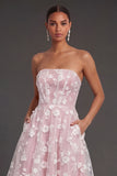 White Floral Appliqued Strapless Midi Beach Engagement Dress
