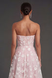 White Floral Appliqued Strapless Midi Beach Engagement Dress