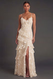 Apricot Floral A Line Spaghetti Straps Ruffled Long Wedding Guest Dress with Slit