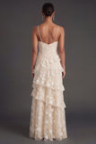 Apricot Floral A Line Spaghetti Straps Ruffled Long Wedding Guest Dress with Slit