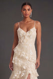 Apricot Floral A Line Spaghetti Straps Ruffled Long Wedding Guest Dress with Slit