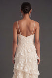 Apricot Floral A Line Spaghetti Straps Ruffled Long Wedding Guest Dress with Slit