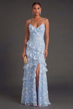 Apricot Floral A Line Spaghetti Straps Ruffled Long Wedding Guest Dress with Slit
