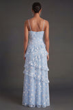 Apricot Floral A Line Spaghetti Straps Ruffled Long Wedding Guest Dress with Slit