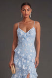 Apricot Floral A Line Spaghetti Straps Ruffled Long Wedding Guest Dress with Slit