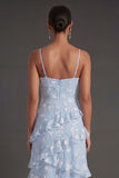 Apricot Floral A Line Spaghetti Straps Ruffled Long Wedding Guest Dress with Slit