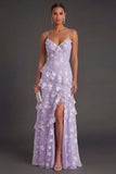 Apricot Floral A Line Spaghetti Straps Ruffled Long Wedding Guest Dress with Slit