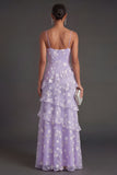 Apricot Floral A Line Spaghetti Straps Ruffled Long Wedding Guest Dress with Slit
