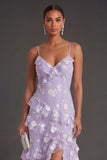 Apricot Floral A Line Spaghetti Straps Ruffled Long Wedding Guest Dress with Slit