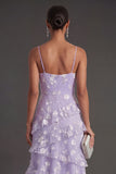Apricot Floral A Line Spaghetti Straps Ruffled Long Wedding Guest Dress with Slit