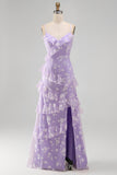 Apricot Floral A Line Spaghetti Straps Ruffled Long Wedding Guest Dress with Slit