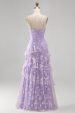 Apricot Floral A Line Spaghetti Straps Ruffled Long Wedding Guest Dress with Slit