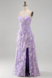 Apricot Floral A Line Spaghetti Straps Ruffled Long Wedding Guest Dress with Slit