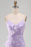 Apricot Floral A Line Spaghetti Straps Ruffled Long Wedding Guest Dress with Slit