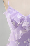 Apricot Floral A Line Spaghetti Straps Ruffled Long Wedding Guest Dress with Slit