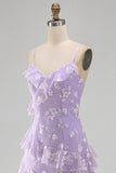 Apricot Floral A Line Spaghetti Straps Ruffled Long Wedding Guest Dress with Slit