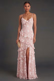 Apricot Floral A Line Spaghetti Straps Ruffled Long Wedding Guest Dress with Slit