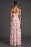 Apricot Floral A Line Spaghetti Straps Ruffled Long Wedding Guest Dress with Slit