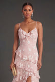 Apricot Floral A Line Spaghetti Straps Ruffled Long Wedding Guest Dress with Slit