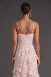 Apricot Floral A Line Spaghetti Straps Ruffled Long Wedding Guest Dress with Slit