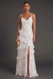 Apricot Floral A Line Spaghetti Straps Ruffled Long Wedding Guest Dress with Slit
