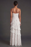 Apricot Floral A Line Spaghetti Straps Ruffled Long Wedding Guest Dress with Slit